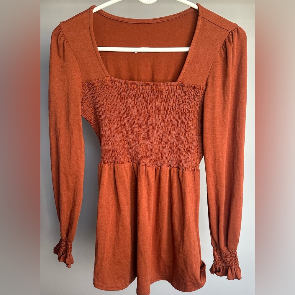 NO BRAND SHOWN size SMALL Rust Smocked Long Sleeved Blouse